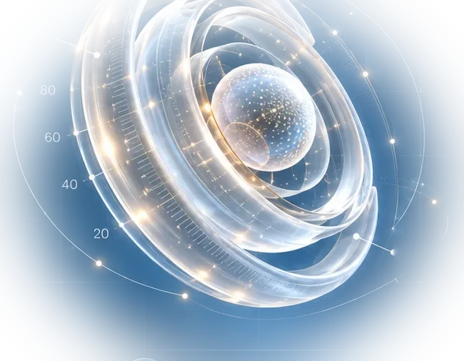 Translucent rings around a sphere of light, on a scale from 20 to 80 years