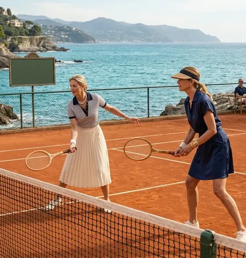 Two women play tennis on a red-clay court overlooking the sea, with wooden rackets, on a sunny day.