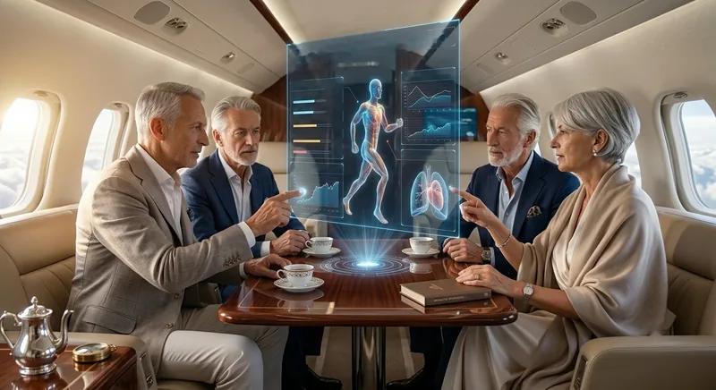 In the cabin of a private jet four people talk around a table, pointing at a luminous human figure projected above it.