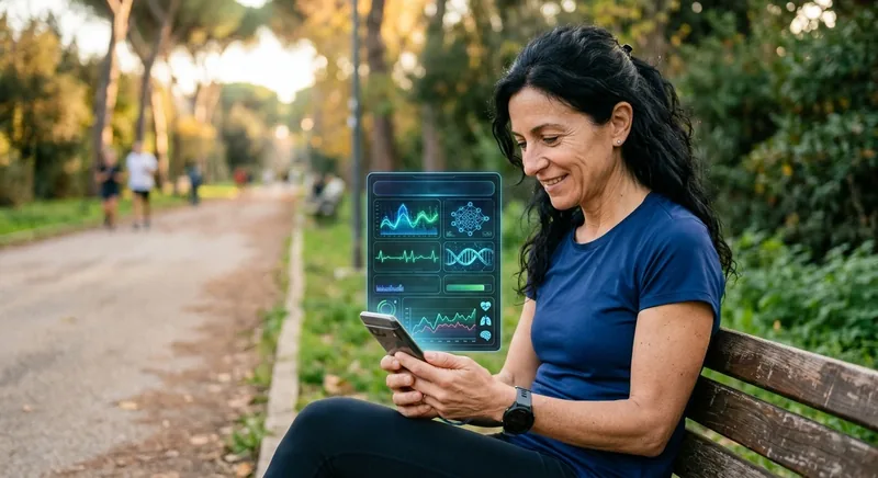 A smiling woman on a park bench in the morning looks at her phone, a soft glowing panel of heart-rate, sleep and recovery charts floating beside her.