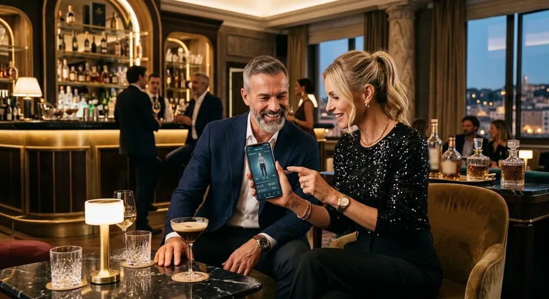 A couple in an elegant hotel bar in the evening: he smiles while she shows him the Digital Twin figure on her phone.
