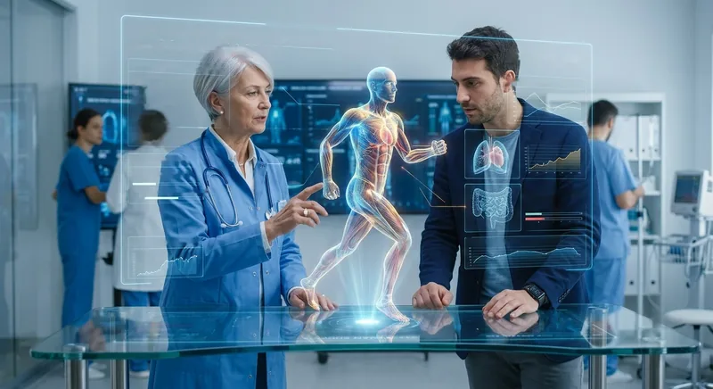 In a bright clinical room a doctor in a light-blue coat and a man look at a luminous three-dimensional human figure projected above a glass table; the doctor points at it.