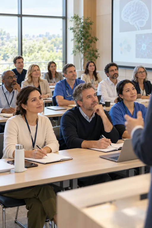 A bright classroom: healthcare professionals attend a lecture, with a brain illustration on the screen.