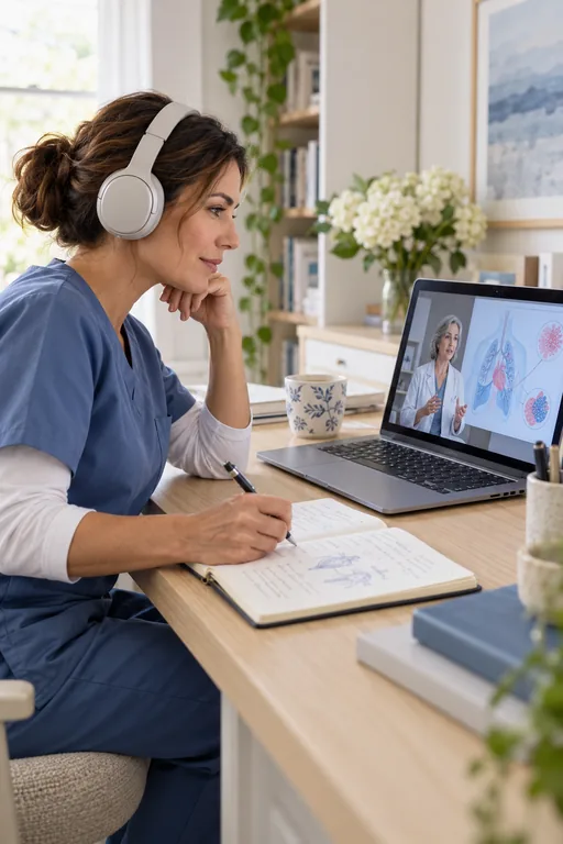A nurse wearing headphones follows an online course on a laptop and takes notes.
