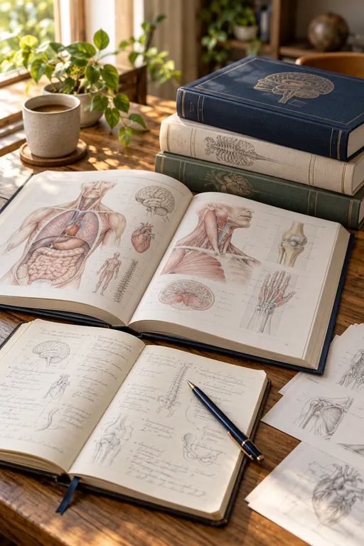Open anatomy books and atlases on a wooden table, with a pen.