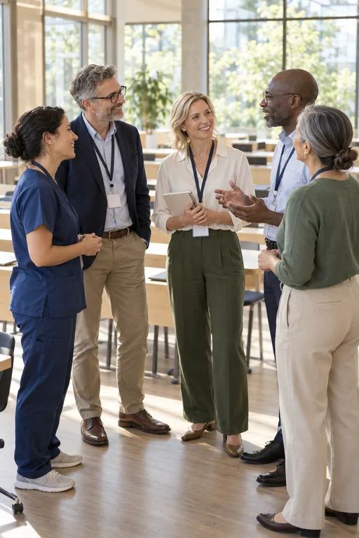 A group of healthcare professionals talking, standing in a bright space.