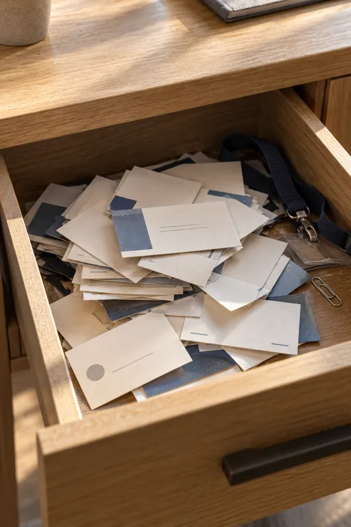 A drawer full of loose business cards.