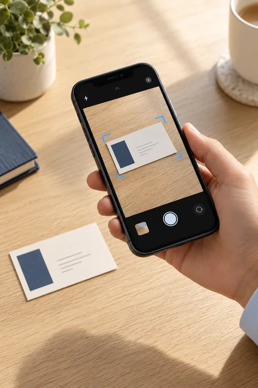 A hand photographs a business card with a phone.
