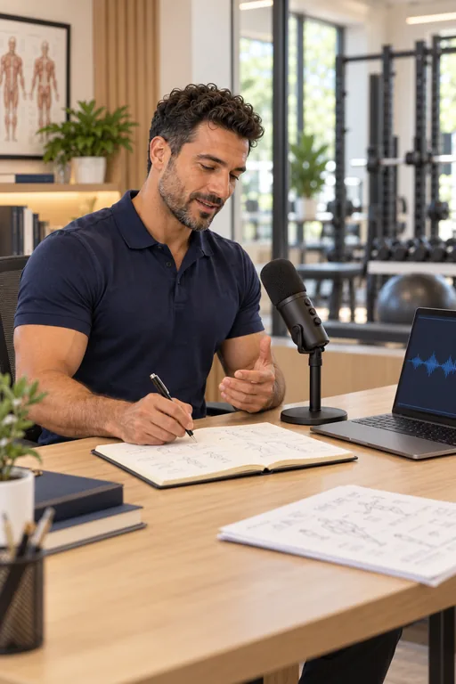 The personal trainer writes down his method in a notebook, next to a microphone and a laptop.