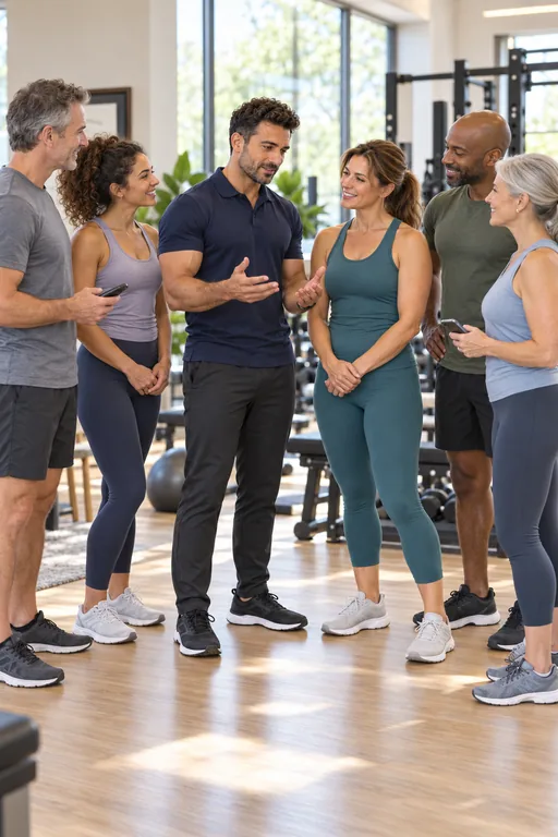 The personal trainer talks with a group of clients in the gym.