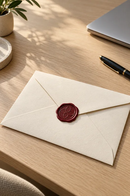 An envelope closed with a red wax seal on a desk.