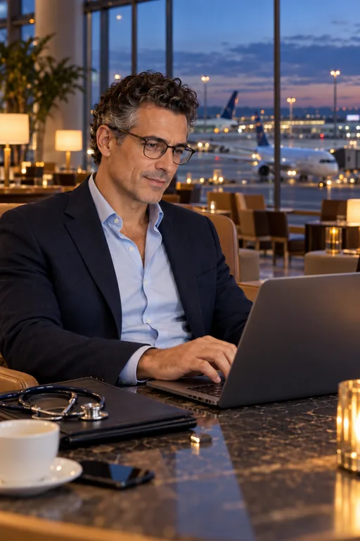A doctor works on a laptop in an airport lounge.