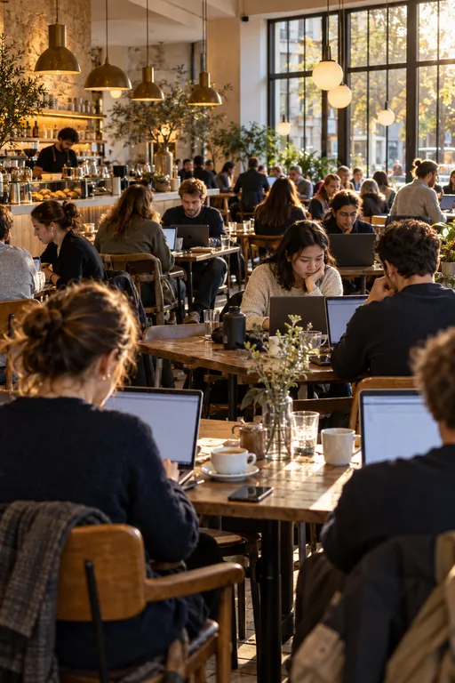 A busy café full of people on laptops.