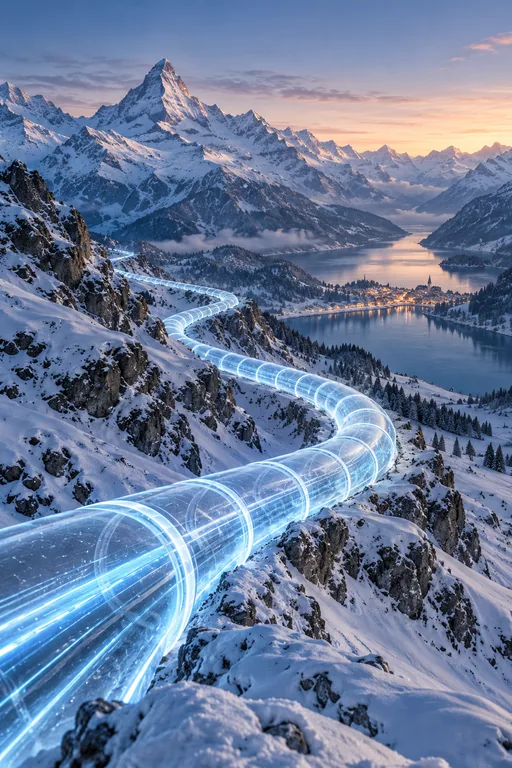 A tunnel of light crosses a snowy mountain landscape down to a lake.
