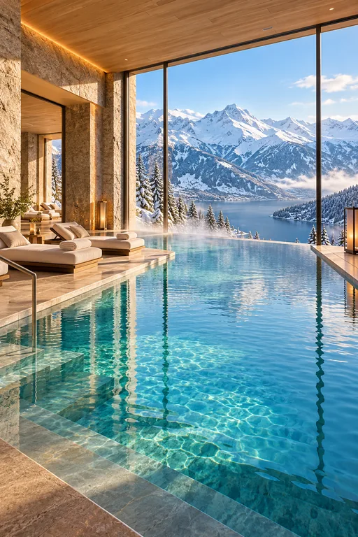 The infinity pool of a hotel SPA, with snowy mountains beyond the glass.