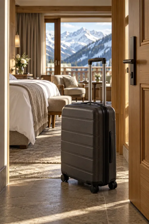 A closed suitcase in the hotel room, in front of a mountain view.