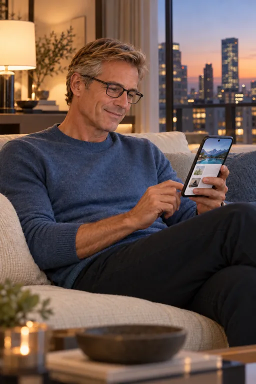 A guest, at home in the city, looks at his phone on the sofa.