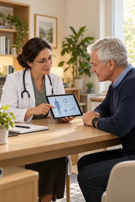 A doctor shows a patient some charts on a tablet.