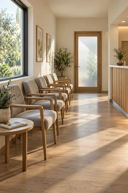 The bright, empty corridor of a clinic, with waiting chairs.