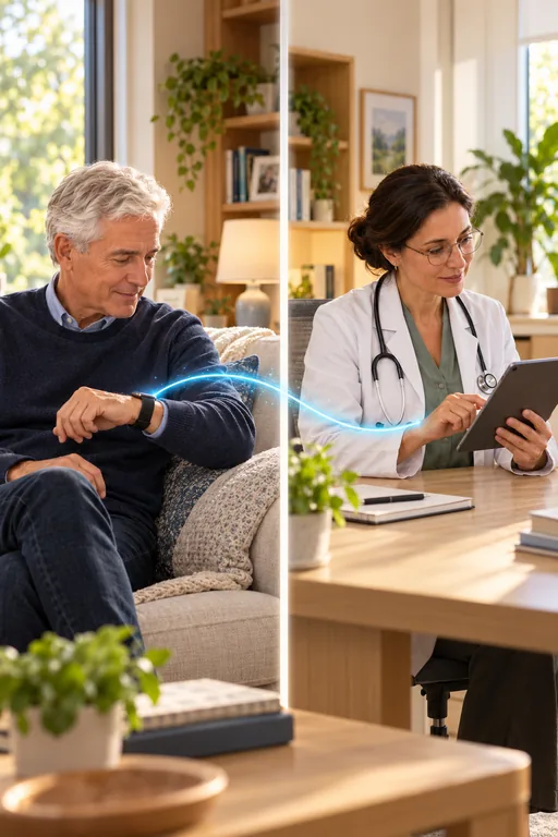 On the left the patient at home wearing a watch; on the right the doctor receiving his data on a tablet.